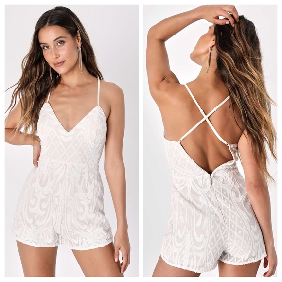 NWT Lulu's Catch a Spark White & Beige Sequin Romper XL - Picture 1 of 9